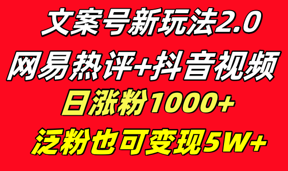 【10297】文案号新玩法 网易热评+抖音文案 一天涨粉1000+ 多种变现模式 泛粉也可变现