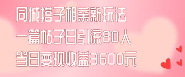 【13859】同城搭子相亲新玩法一篇帖子引流80人当日变现3600元(项目教程+实操教程)【揭秘】