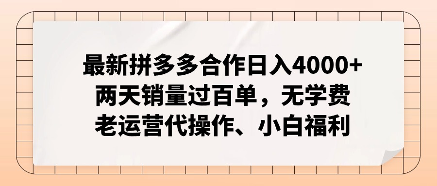 【14770】拼多多最新合作日入4000+两天销量过百单，无学费、老运营代操作、小白福利