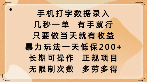 【16583】手机打字数据录入，几秒一单，有手就行，只要做当天就有收益，暴力玩法一天低保2张