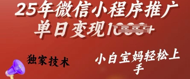 【16825】25年微信小程序推广单日变现多张，独家技术，小白宝妈轻松上手【揭秘】