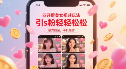 【18906】四开屏美女视频玩法，引s粉轻轻松松，暴力掘金，手机操作【揭秘】