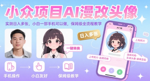 【18953】小众项目AI漫改头像，实测日入多张，小白一部手机可以做，保姆级全流程教学