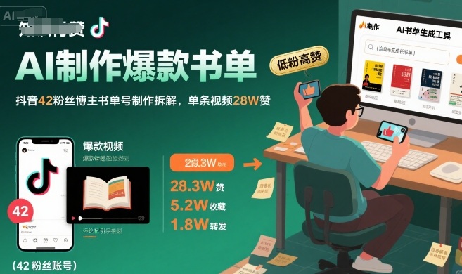 【19017】AI制作爆款书单，抖音42W粉丝博主书单号制作拆解，单条视频28W赞