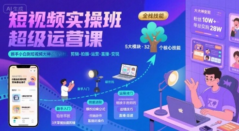 【19025】短视频实操班超级运营课，新手小白到短视频大神必修课程，剪辑-拍摄-运营-直播-变现