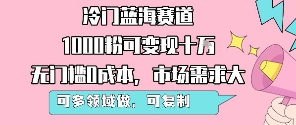 【19076】冷门蓝海赛道，1000粉可变现十W，无门槛0成本，市场需求大，可多领域做，可复制性强
