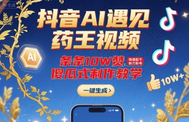 【19333】抖音AI遇见药王视频，条条10W赞，快速起千粉万粉号，傻瓜式制作教学