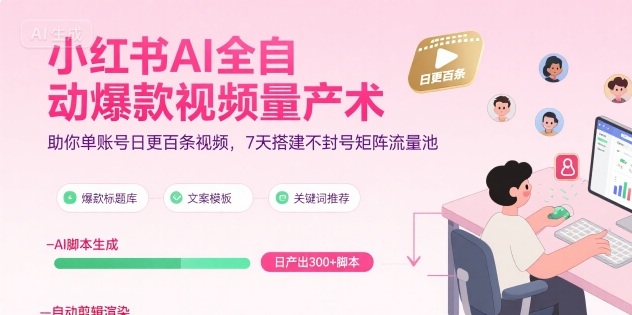 【19756】超哥小红书AI全自动爆款视频量产术，助你单账号日更百条视频，7天搭建不封号矩阵流量池（更新9月）