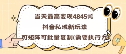 【19773】当天最高变现1k+，抖音私域新玩法，可矩阵可批量复制