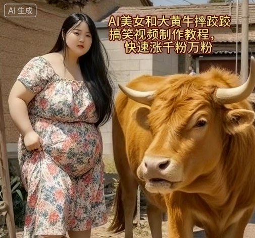 【19830】AI美女和大黄牛摔跤搞笑荒诞视频制作教程，快速涨千粉万粉
