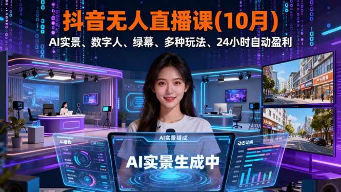 【20091】云顶联盟抖音无人直播课(10月更新)，AI实景、数字人、绿幕、多种玩法、24小时自动盈利