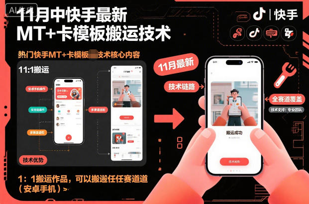 【20494】11月中快手最新MT+卡模板搬运技术，1：1搬运作品，可以搬运任何赛道（安卓手机）