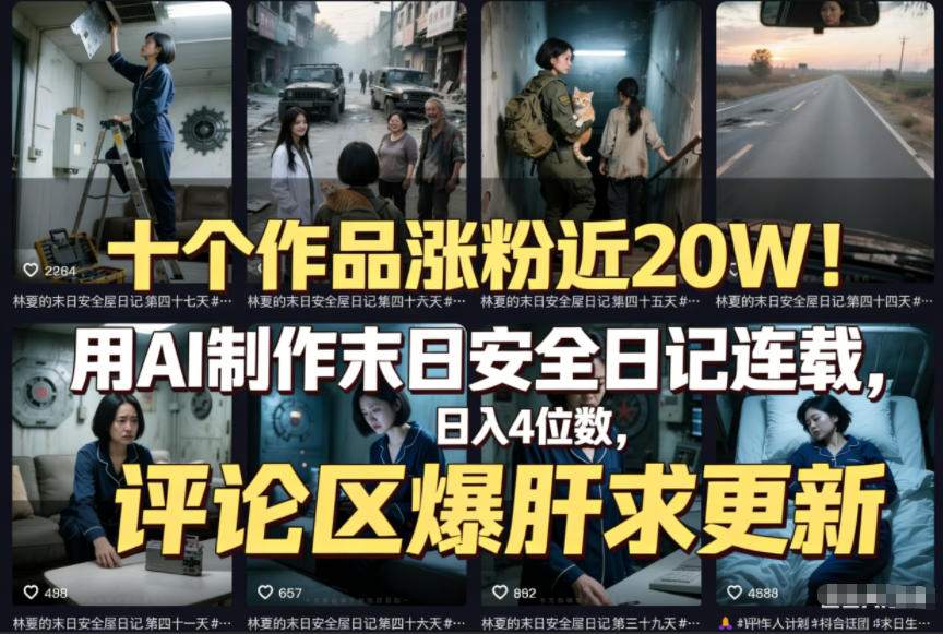【20696】十个作品涨粉近20W！用AI制作末日安全日记连载，日入4位数，评论区爆肝求更新（附详细步骤）