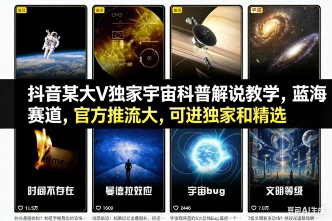 【20747】抖音某大V独家宇宙科普解说教学，蓝海赛道，官方推流大，可进独家和精选