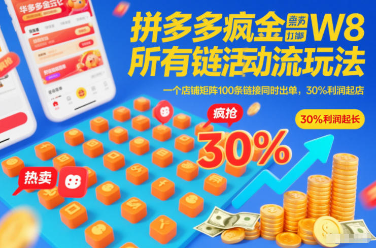 【20989】拼多多疯狂活动流玩法，所有链接全部打标，一个店铺矩阵100条链接同时出单，30利润起店