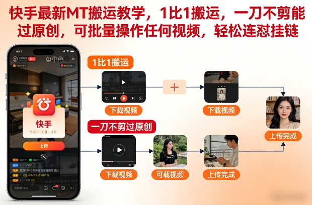 【21016】快手最新MT搬运教学，1比1搬运，一刀不剪能过原创，可批量操作任何视频，轻松连怼挂链