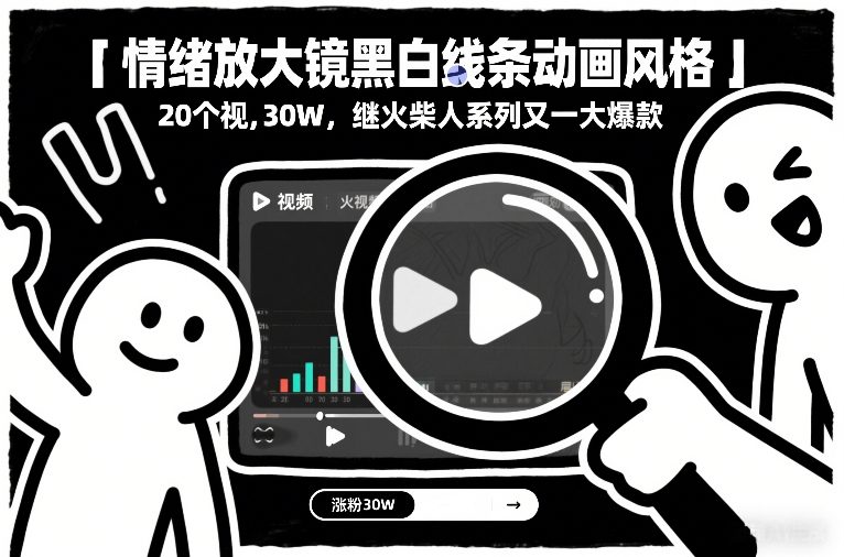 【21239】情绪放大镜黑白线条动画风格，20个视频，涨粉30W，继火柴人系列又一大爆款