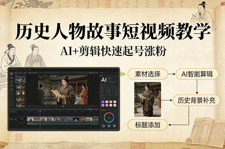 【21272】历史人物故事短视频教学，AI+剪辑制作历史人物题材短视频，快速起号涨粉