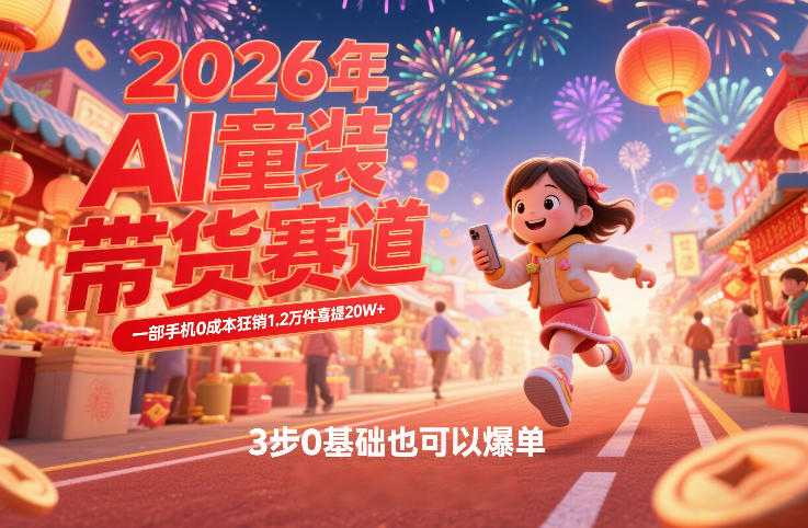 【21315】AI童装新春带货赛道，一部手机0成本狂销1.2万件喜提20W+，3步0基础也可以爆单