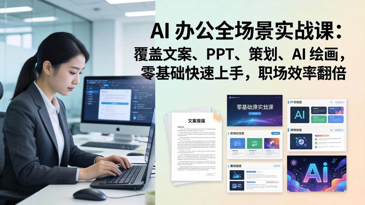 【21526】亚伦哥AI 办公全场景实战课：覆盖文案、PPT、策划、AI 绘画，零基础快速上手，职场效率翻倍【4月9日更新】