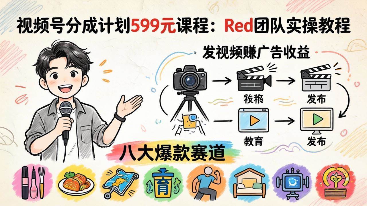 【21556】视频号分成计划599元课程：Red团队实操教程，发视频赚广告收益，八大爆款赛道全掌握